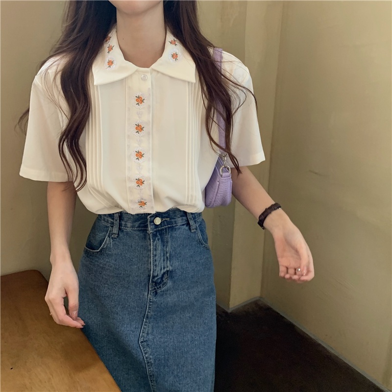 「 WELOVE1 」Áo Sơ Mi Ngắn Tay Thêu Hoa Thời Trang Cho Nữ