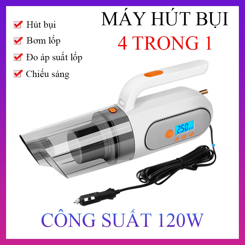 Máy hút bụi 4 in 1- Bơm lốp xe oto, chiếu sáng, đo áp suất lốp + hút bụi bằng điện tử - K1074