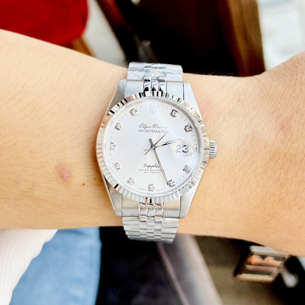 Đồng hồ nam máy cơ cao cấp đính đá Olym Pianus dây thép mặt trắng kính Sapphire chống trầy Bảo hành 5 năm Hyma watch