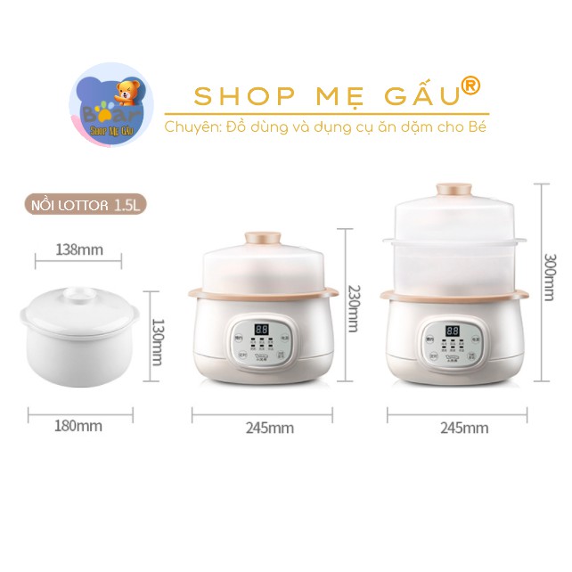 Nồi Nấu Cháo Chậm, Nồi Ninh Hầm Đa Năng Cho Bé Lotor 1,5L (Model: D1) Kèm Lồng Hấp, Vừa Nấu Vừa Hấp Cùng Lúc