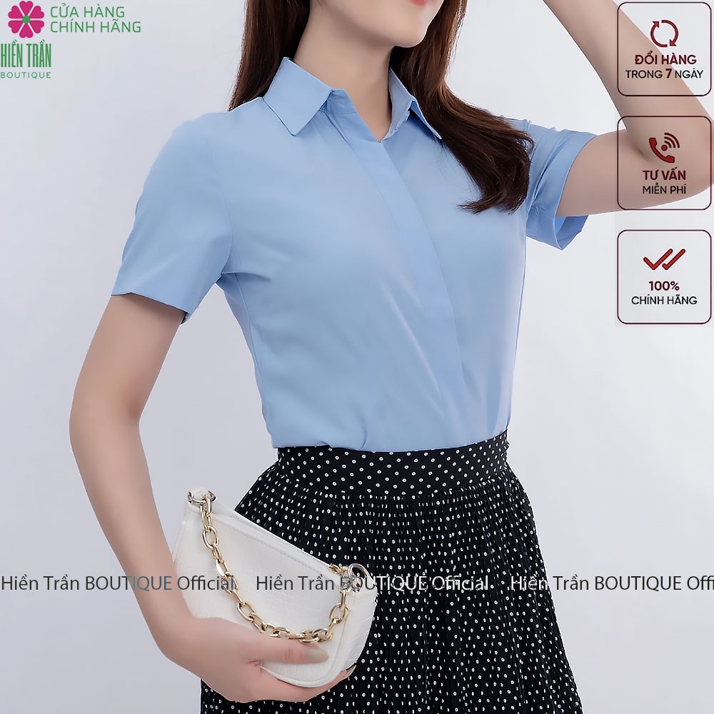 Áo sơ mi nữ tay ngắn form suông màu trắng xanh sơmi cộc thời trang công sở | BigBuy360 - bigbuy360.vn