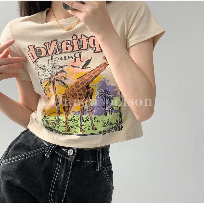 Áo Thun Nữ Ngắn Tay In Hình Hươu Cao Cổ Phong Cách Retro