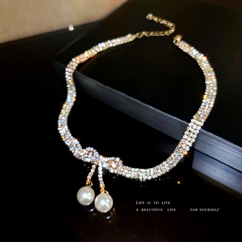 Vòng cổ Mặt Nơ Đính Đá Kim Cương Toàn Diện Thời Trang Nhật Hàn
