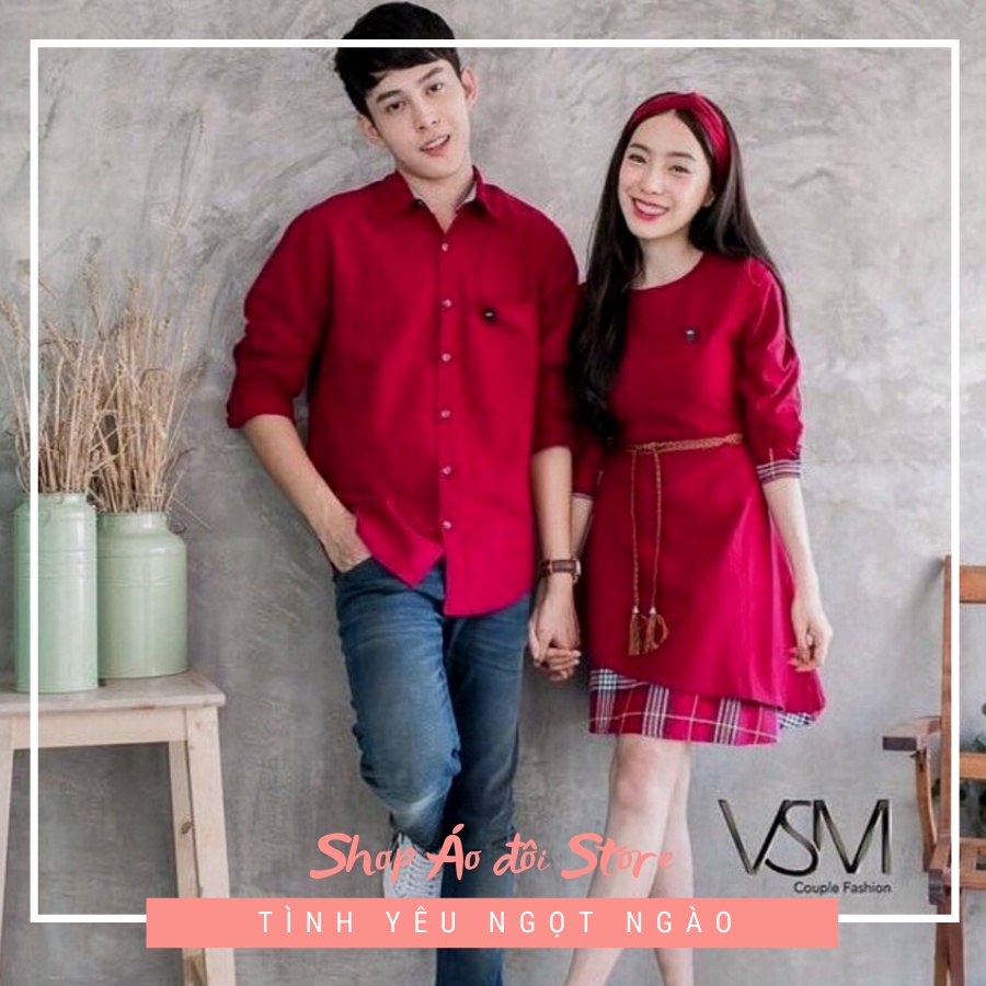 Áo đôi nam nữ đẹp Set áo váy sơ mi Hàn Quốc dáng dài COUPLE STORE