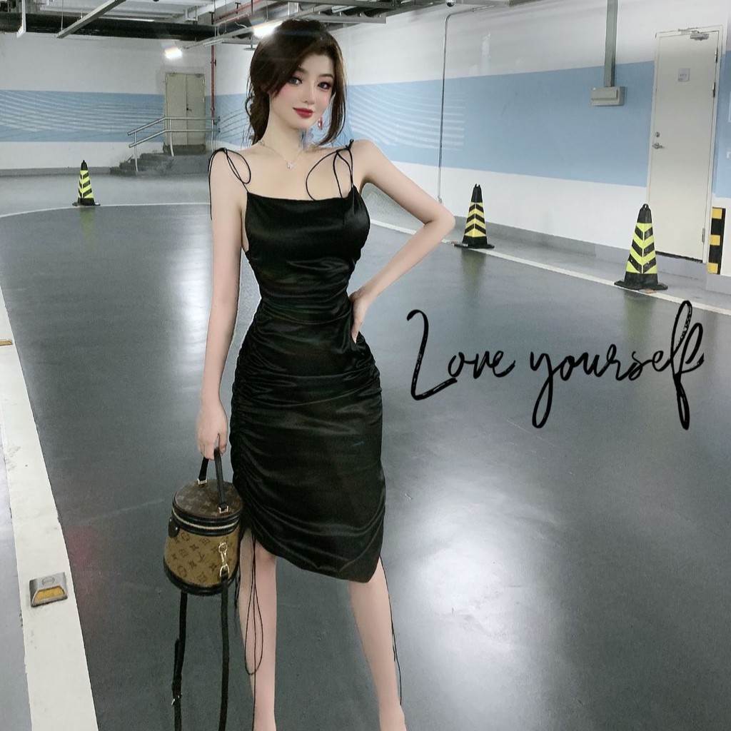 Đầm đen nữ Emilyshop dáng ôm hai dây midi