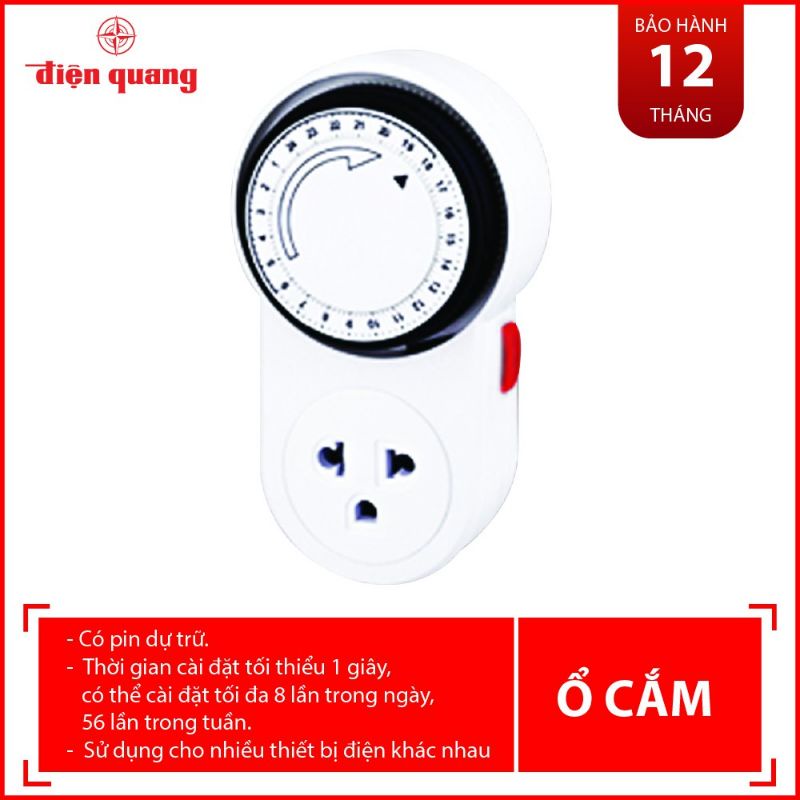 Ổ CẮM THÔNG MINH HẸN GIỜ ĐIỆN QUANG ĐQ ESK MT06 WBL 13 ( Điều chỉnh cơ , 1 lỗ 3 chấu , công suất 2500w )