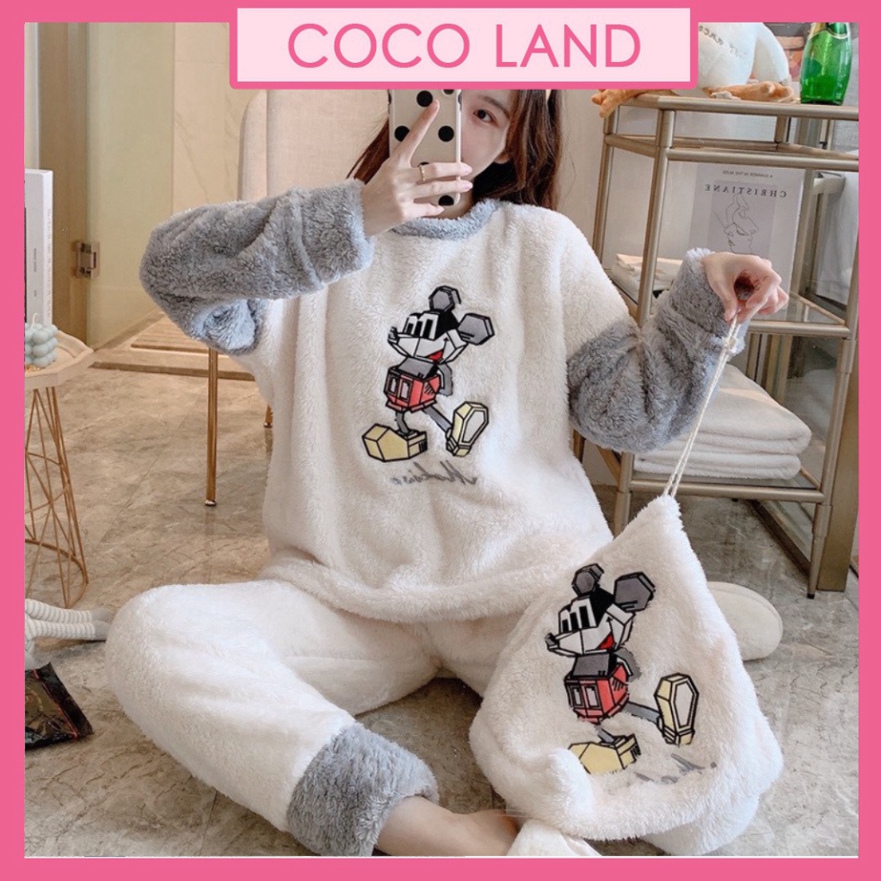 Bộ mặc nhà nữ, bộ ngủ nữ hình chuột Mickey lông 2 mặt kèm túi đựng xinh xắn chất đẹp, thoáng hút mồ hôi
