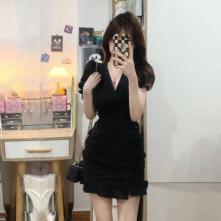 AMOI Đầm Đuôi Cá Dáng Ôm Tay Phồng Màu Trơn Thời Trang Cho Nữ