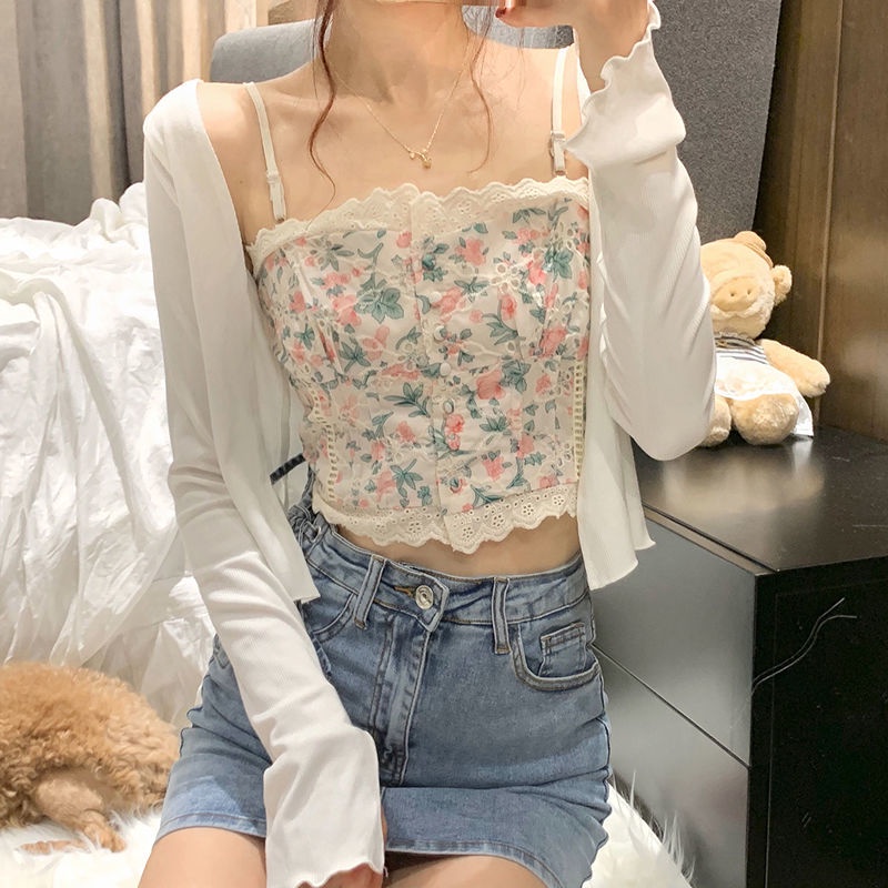 Áo Cardigan Hai Dây Họa Tiết Hoa Màu Trắng Nhỏ Hàng Mới Thời Trang Mùa Hè Cho Nữ