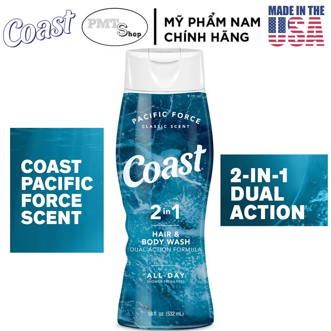 [USA] Dầu Tắm Gội Nam 2in1 Coast Hair & Body Wash Classic Scent 532ml Pacific Force - Mỹ