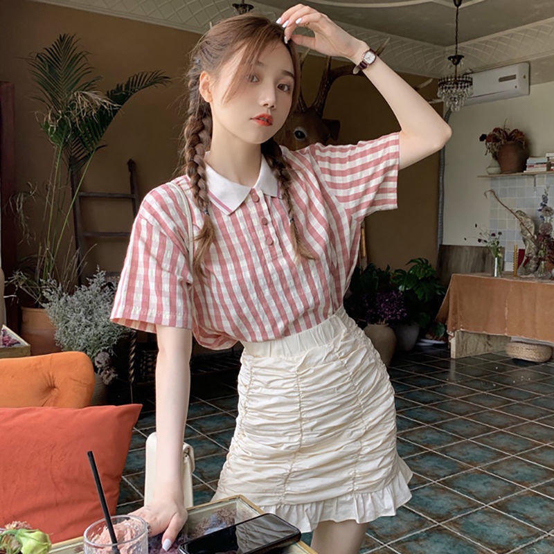 Bộ Áo Sơ Mi Ca Rô + Chân Váy Chữ A Lưng Cao Xinh Xắn Dành Cho Nữ