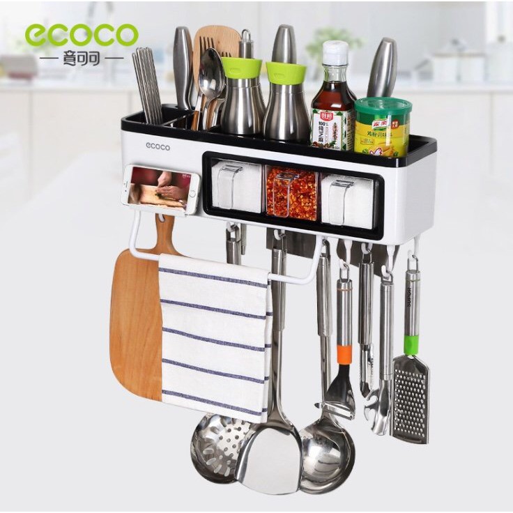 Kệ treo đồ nhà bếp thông minh kèm 3 hũ gia vị ECOCO (Không cần khoan)