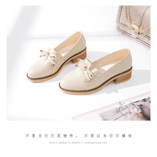 Giày Da Nữ Giày Búp Bê Đính Nơ 4 Phân Phong Cách Nhật Bản