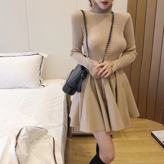 Váy len cổ 3p phối da đuôi xoè cực xinh