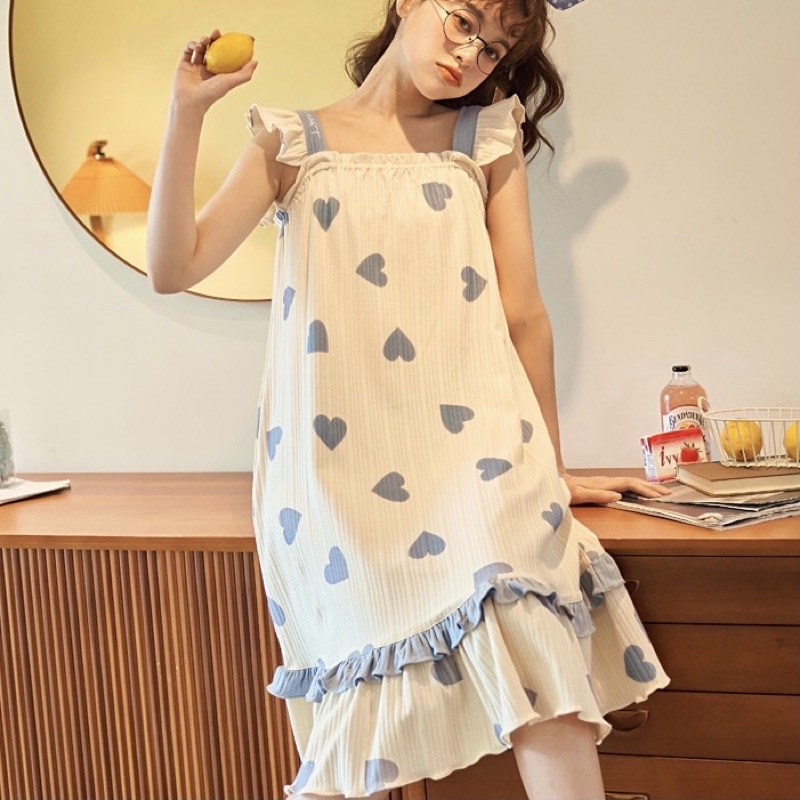 Váy ngủ hai dây họa tiết trái tim, Váy ngủ dáng xuông đuôi cá đáng yêu