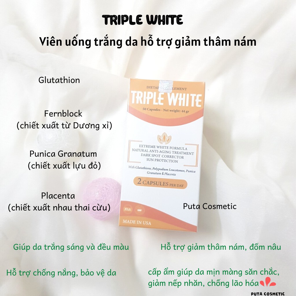 [NHẬP KHẨU CHÍNH HÃNG] Viên Uống Trắng Da Chống Nắng làm đẹp da Giảm Thâm Sạm Nám Chống Lão Hoá TRIPLE WHITE Hộp 50 Viên | BigBuy360 - bigbuy360.vn