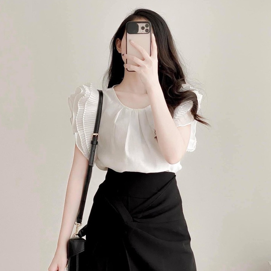 Set Sơ Mi Bèo Cánh Tiên Xếp Ly Mix Chân Váy Lệch