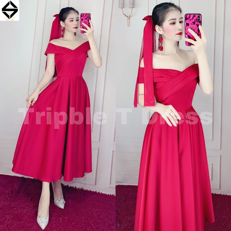 Đầm xoè cưới bẹt vai xếp ly form ngắn tặng kèm lúp nơ y hình TRIPBLE T DRESS - size S/M/L - MS182Y