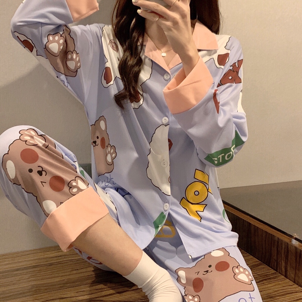 Bộ đồ ngủ cotton tay dài thời trang Hàn Quốc cho nữ
