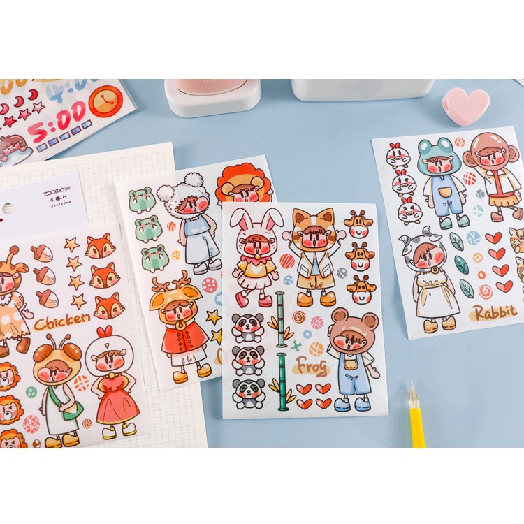 Set sticker 4 tấm cô gái má hồng dễ thương nhiều chi tiết - sticker trang trí sổ bullet journal