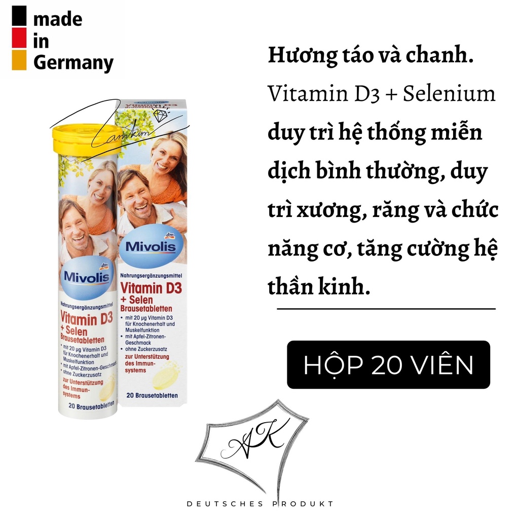 Viên sủi, C sủi Mivolis, hỗ trợ sức khỏe, tăng cường miễn dịch, nội địa Đức - tuýp 20 viên