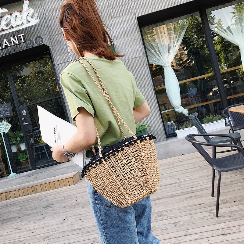 Túi cói xách tay có tua rua thời trang đi biển phong cách vintage Labonia