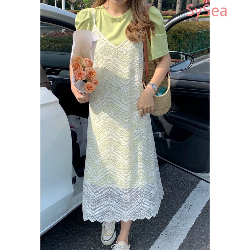 Đầm Chữ A Màu Xanh Lá + Áo Hai Dây Khoét Lỗ Phong Cách Thời Trang Pháp Dành Cho Nữ