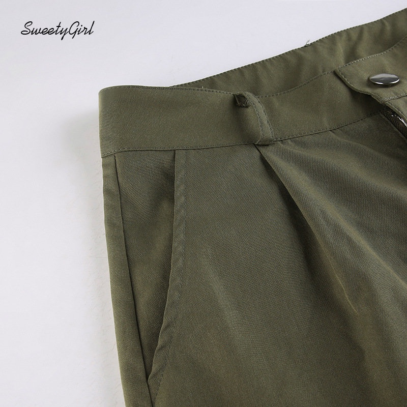 Quần Dài Ống Đứng Lưng Cao Màu Xanh Lá Cài Nút Thời Trang Đường Phố 2022 Cho Nữ