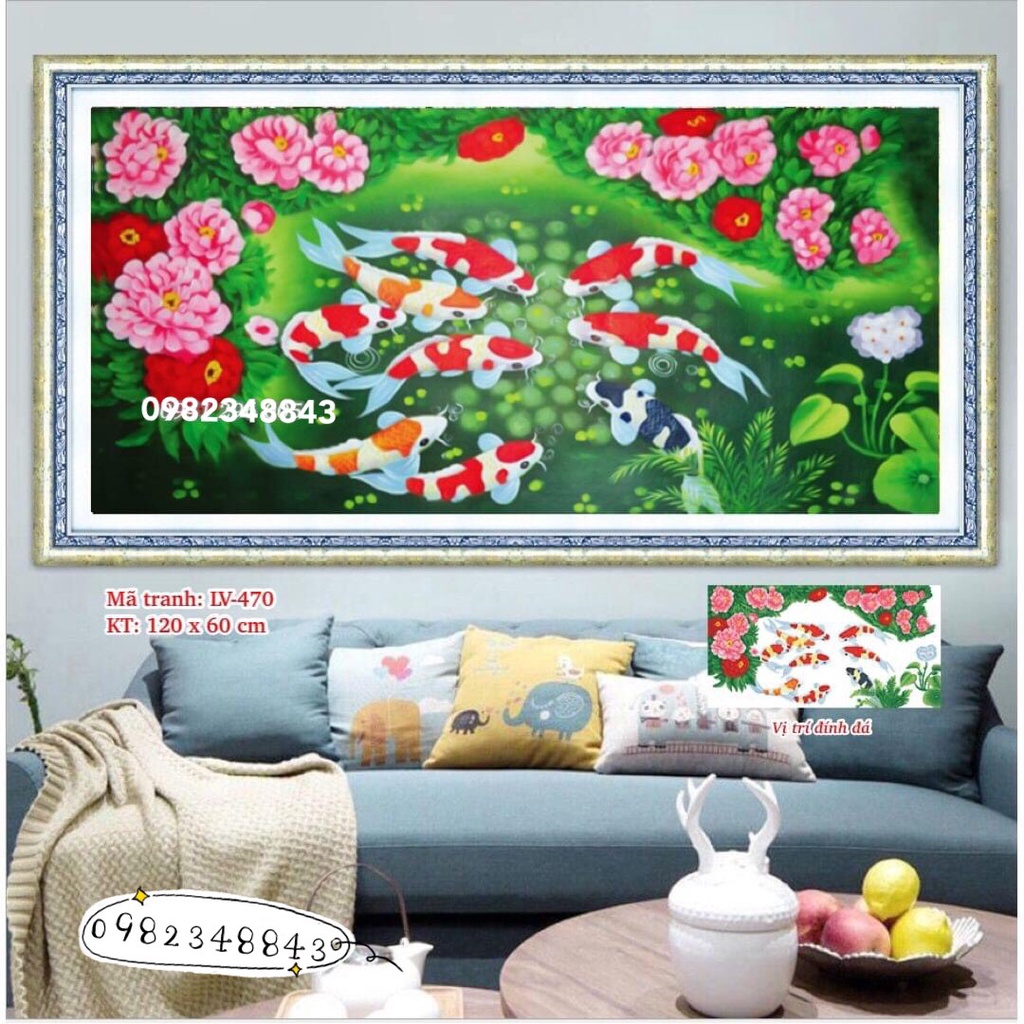 Tranh gắn đá cá cửu ngư quần hội KT:120x60cm.tranh đính đá chưa đính.