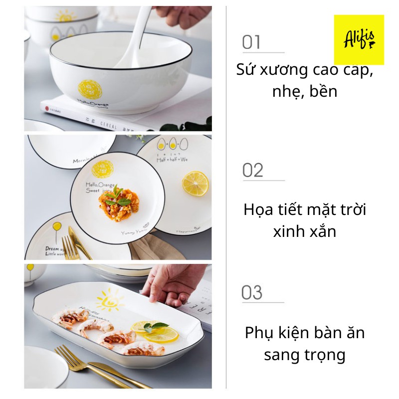 Bộ bát, bộ chén bát sứ xương họa tiết mặt trời vàng viền đen cho 4 - 8 người– Phụ kiện bàn ăn