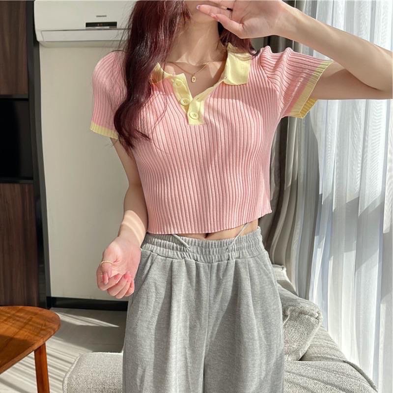 Áo croptop polo màu pastel
