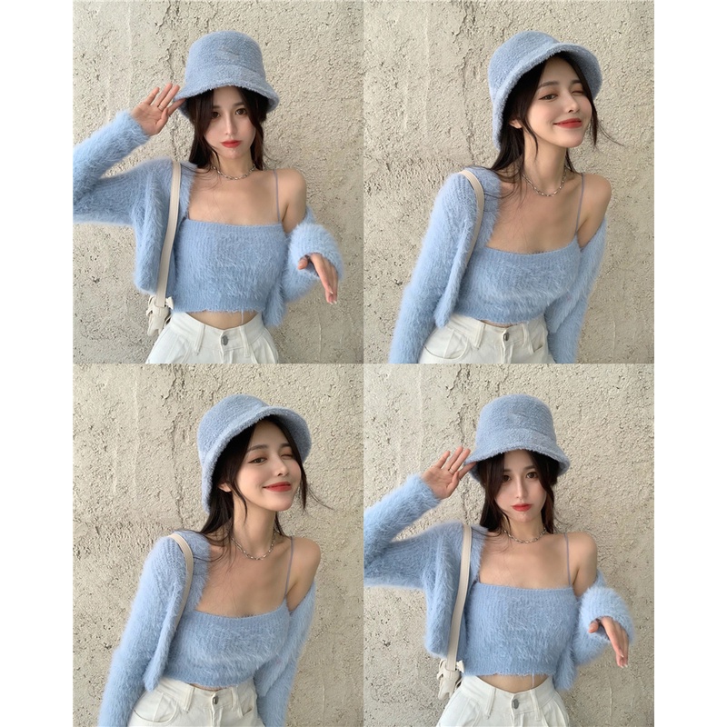 SP442 Set cardigan kèm áo 2 dây len lông thỏ siêu mềm phong các Hàn Quốc