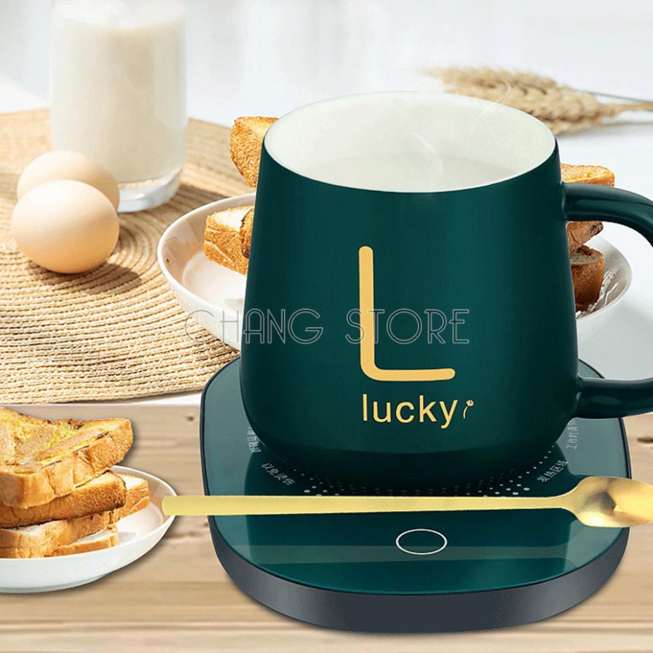 Cốc hâm nóng cao cấp bằng sứ kèm đế điện, Ly sứ kèm đế điện hâm nóng cafe, sữa, trà Tặng kèm thìa mạ vàng tiện lợi