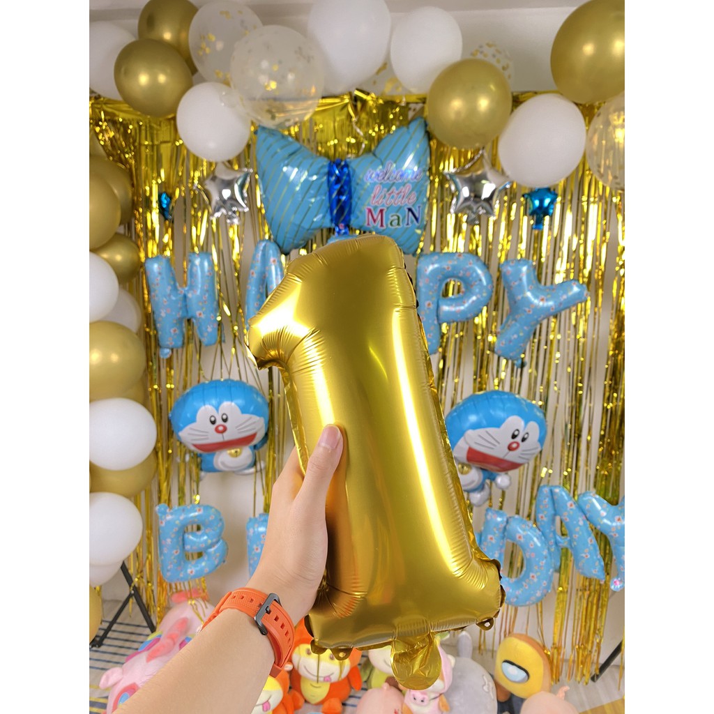 Set bóng trang trí sinh nhật cho bé trai bé gái 2 rèm kim tuyến bóng chữ Happy birthday+ tháng và 50 bóng tròn