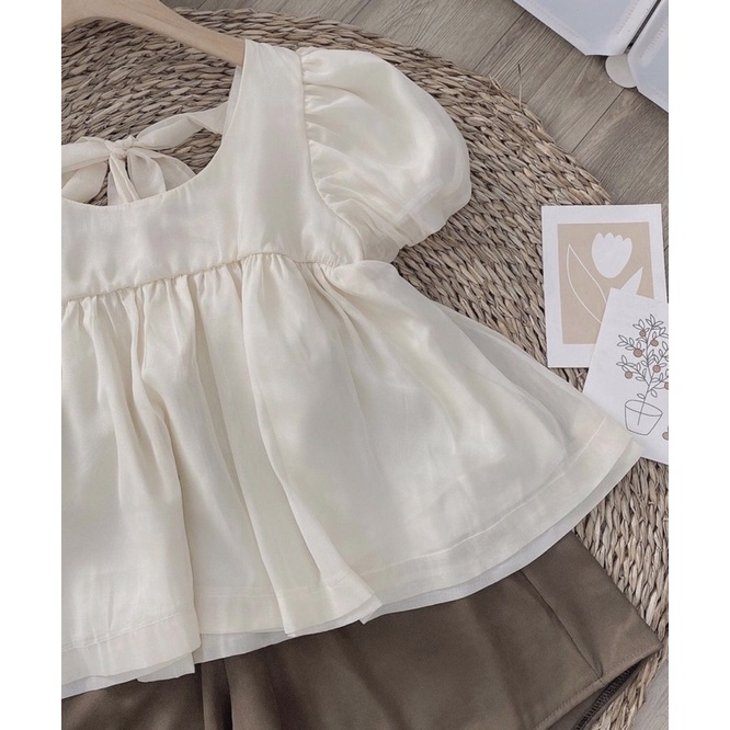 Set áo babydoll nơ sau be sữa mix quần nâu ulzzang