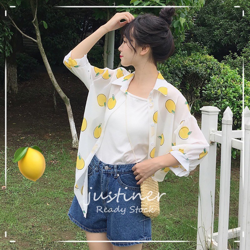 Áo Sơ Mi Chiffon Tay Dài Cổ Bẻ In Họa Tiết Trái Cây Phong Cách Hàn Quốc Thời Trang Cho Nữ