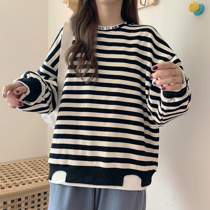 Áo Sweater Dài Tay Dáng Rộng Với Họa Tiết Sọc Ngang Xinh Xắn Theo Phong Cách Hàn Quốc