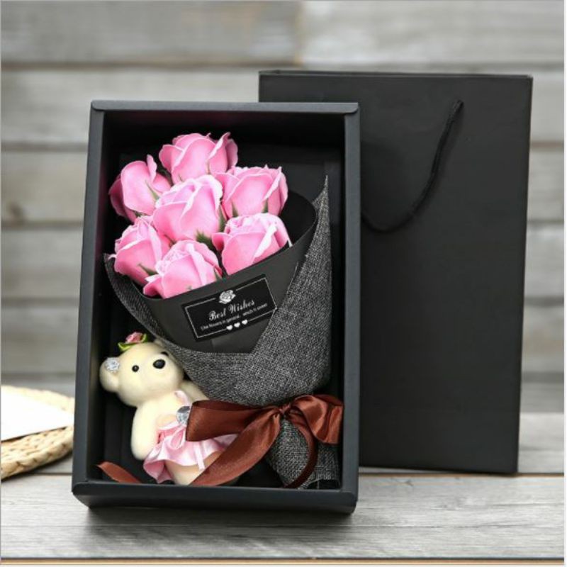 Hộp hoa hồng sáp 7 bông kèm gấu