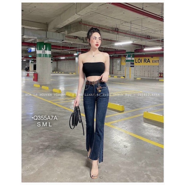 QUẦN JEANS NỮ CAO CẤP QUẦN JEANS DÀI ỐNG LOE LƯNG CAO XẺ TÀ CẮT GẤU TÔN DÁNG MÀU XANH JEANS XƯỚC