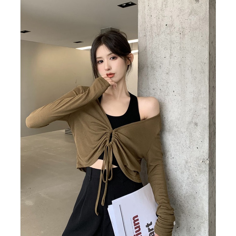 622140#Áo Dệt Kim Tay Dài Cổ Chữ v Phối Dây Rút Thời Trang Mùa Hè Mới Dành Cho Nữ
