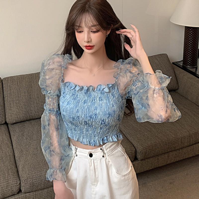 Áo Kiểu Chất Chiffon Tay Dài Cổ Vuông Hoạ Tiết Hoa Nữ Tính | BigBuy360 - bigbuy360.vn