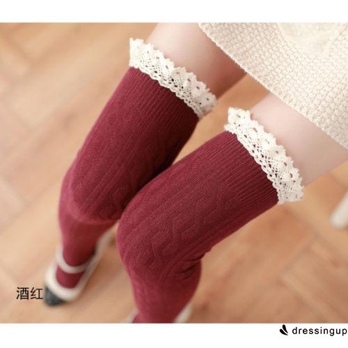 d❃♪Women Lady Warm Cotton Thigh High Long STOCKINGS Knit Over Knee Lace Girls Socks