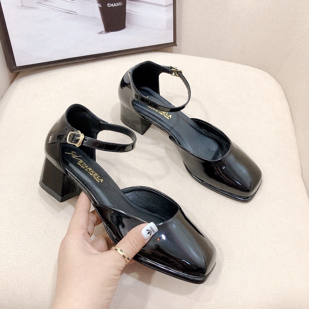 Sandal nữ 3p mũi vuông hậu bít khóa cài chất da bóng mềm đi cực xinh - Chị Chảnh Store
