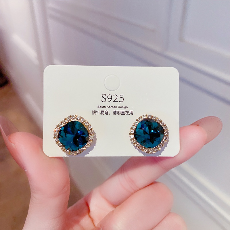 Khuyên Tai Hợp Kim Đính Đá Pha Lê Xanh Dương Hình Vuông Sang Trọng Dành Cho Nữ