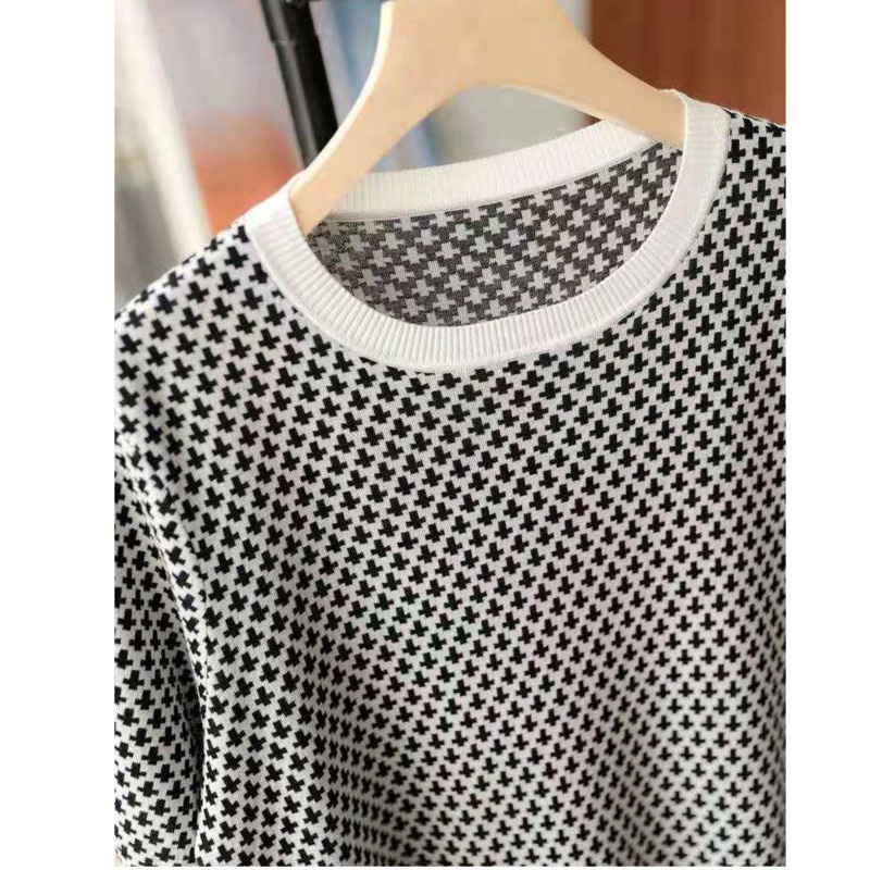 Áo Thun Dệt Kim Lụa Lạnh Họa Tiết Houndstooth Cá Tính 152301 Áo Thun Tay Ngắn Cổ Tròn Thời Trang Mùa Hè