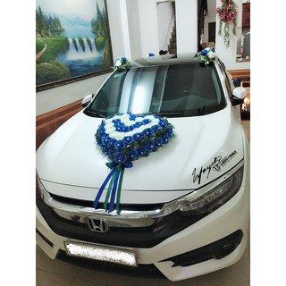Hoa cưới trang trí xe dâu mẫu hình trái tim đế hít nam châm ( hoa hồng xanh dương, trắng), cam kết hình thật 100%