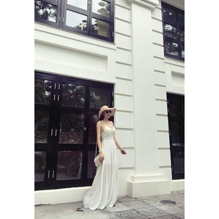 Đầm maxi trắng đan dây sau lưng