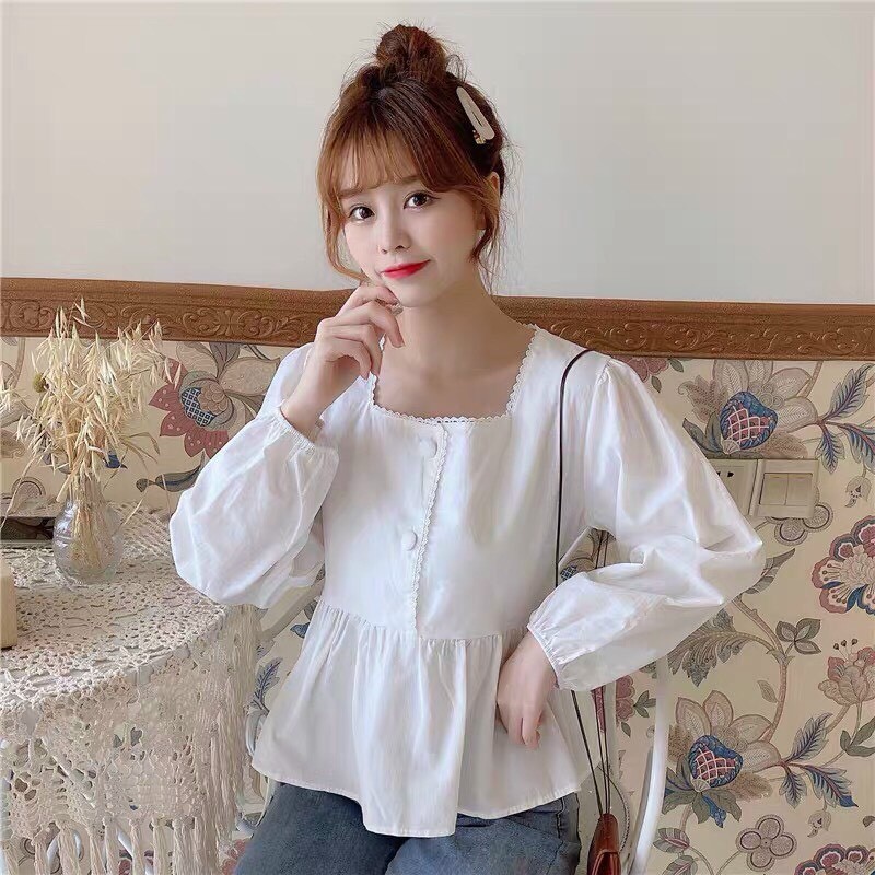 Áo voan cổ vuông ren đính nút tay dài xinh xắn TTSA1030