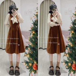 Váy nhung nâu phối sơ mi thắt bơ cổ vintage kèm ảnh thật