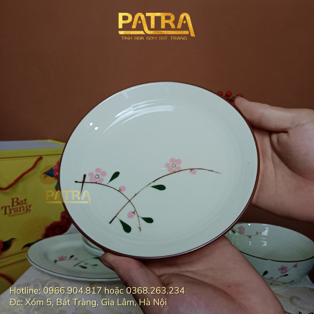 Bộ bát đĩa sứ Bát Tràng, bộ chén dĩa men kem họa tiết hoa đào đỏ 13 chi tiết, có bán các món lẻ